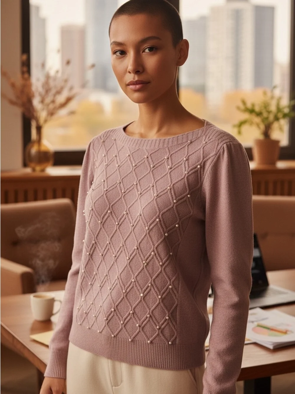 Vero Moda Pearl-Accent Diamond Knit Crewneck Sweater — Lilac